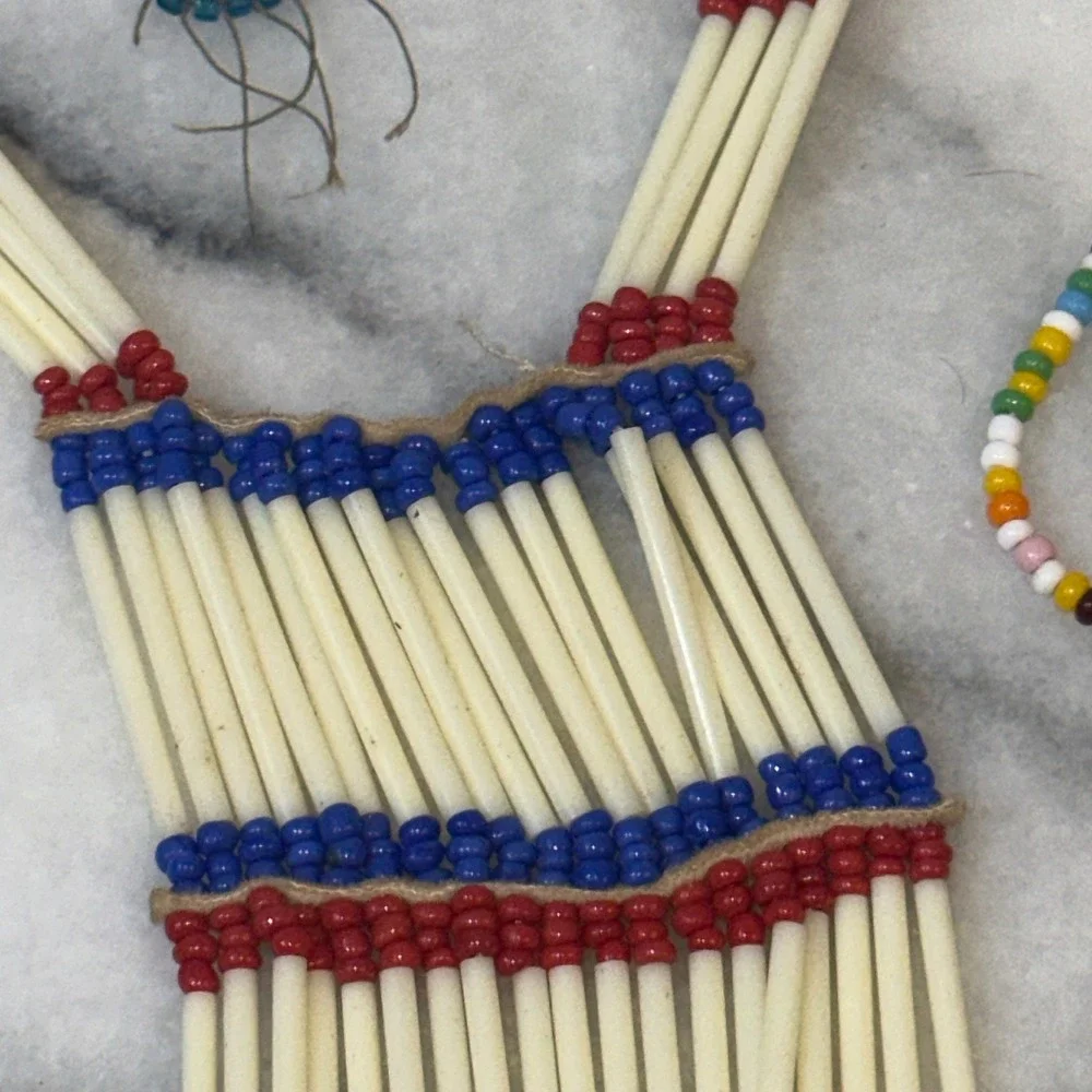 Vtg Mini Handcrafted Bone Hair Pipe Breastplate Necklace & Beaded Bracelet Sets